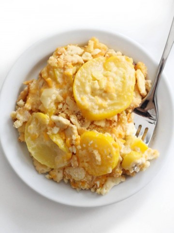 overhead view of southern vegan squash casserole on plate with fork