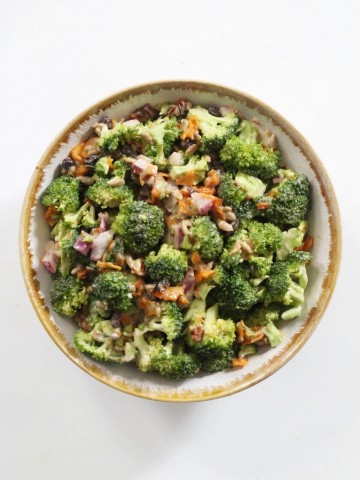 centered overhead view of vegan broccoli salad