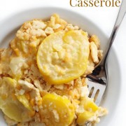vegan southern squash casserole on plate with image text