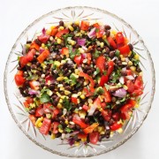 overhead view of large serving bowl with black bean and corn salsa