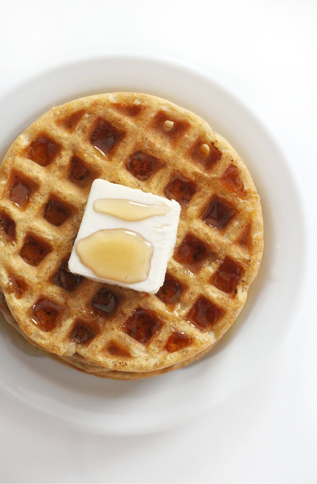 overhead view of plate of vegan buttermilk waffles