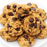 final plate piled with soft vegan pumpkin chocolate chip cookies