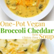 collage image of vegan broccoli cheddar soup