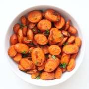 overhead of bowl of easy oven roasted carrots