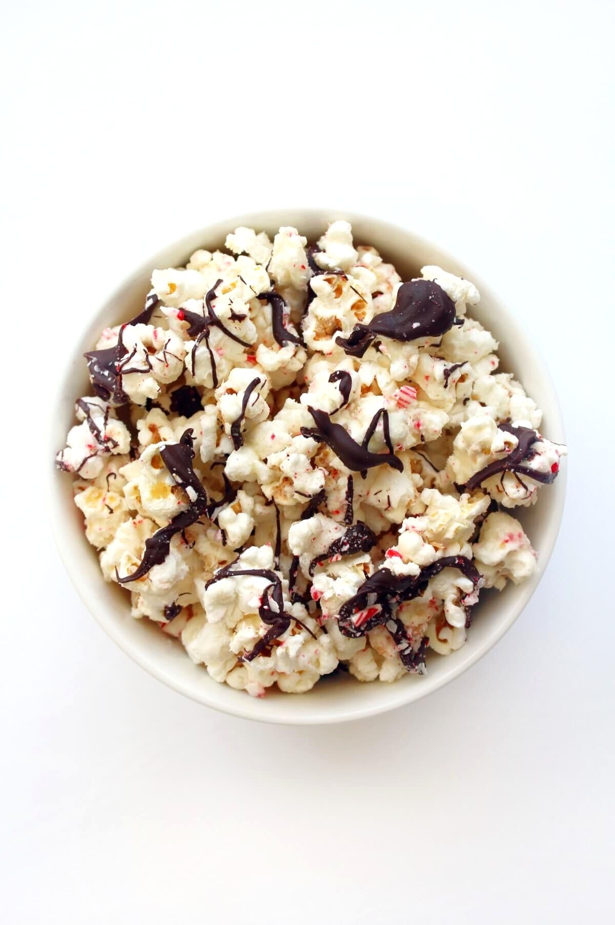 overhead view of bowl with peppermint bark popcorn