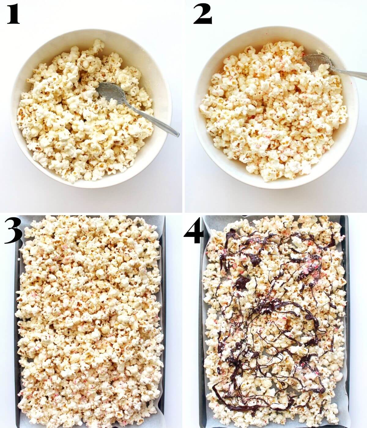 four easy step process to make peppermint bark popcorn from scratch