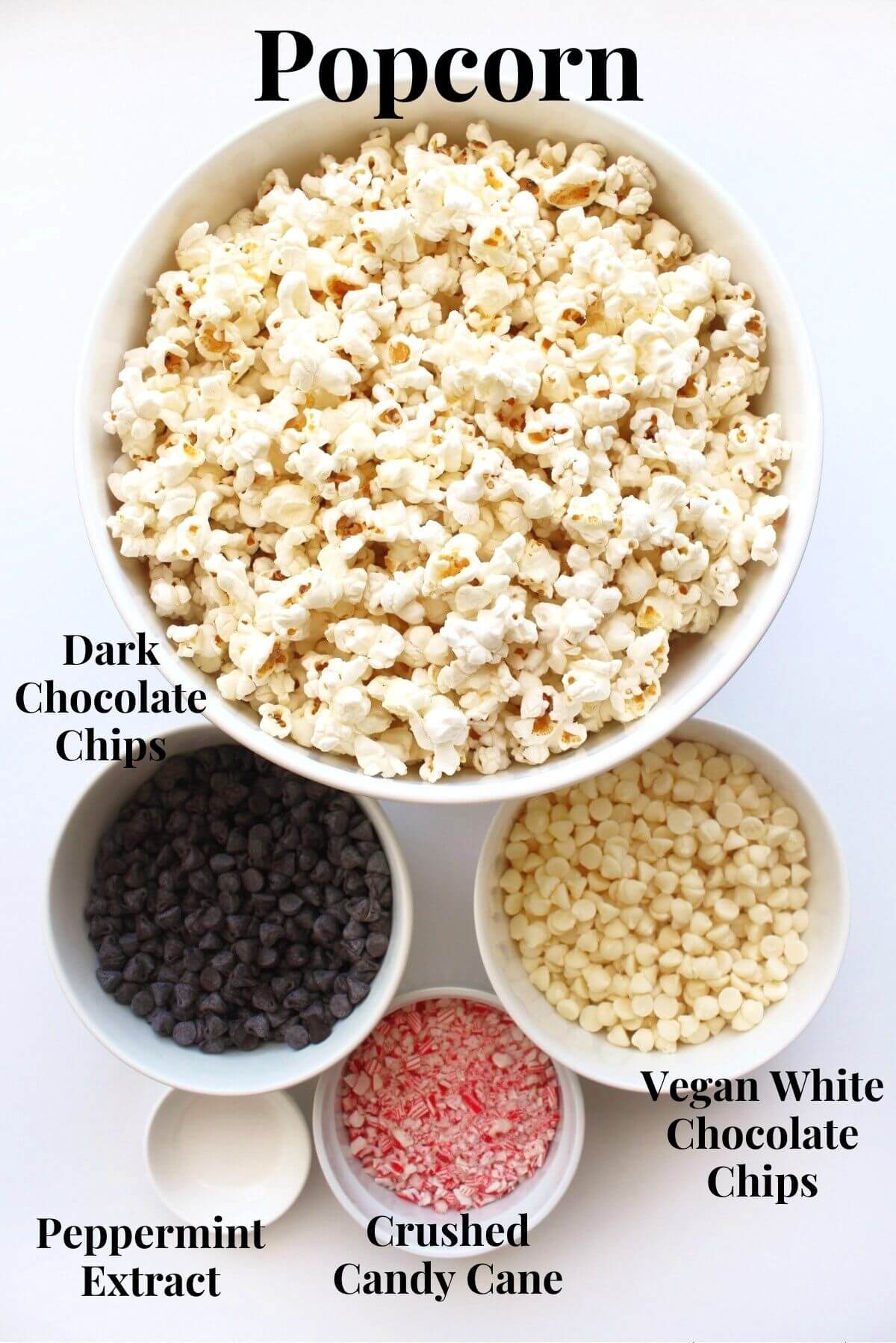 four ingredients for peppermint bark popcorn