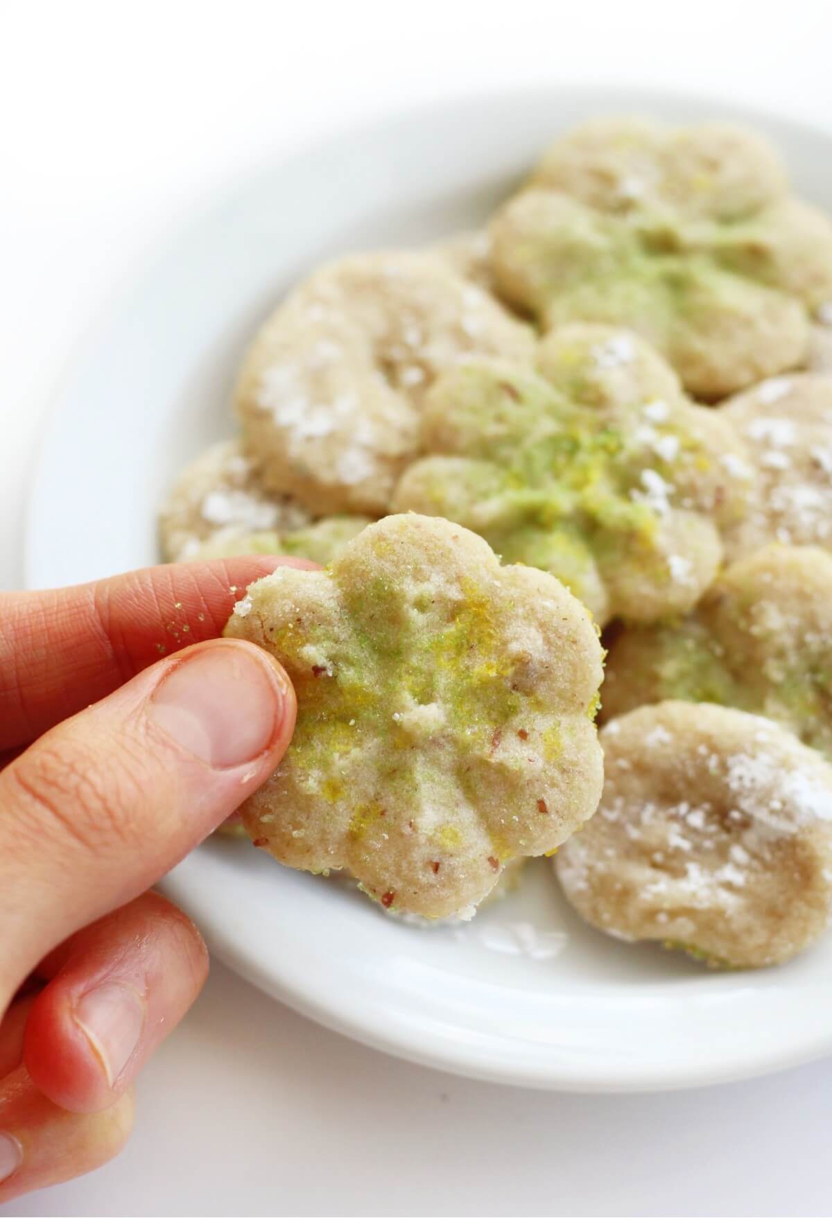 hand holding a single gluten-free spritz cookie with green and yellow sprinkles