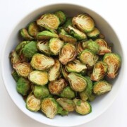 overhead of crispy air fryer brussels sprouts in a bowl