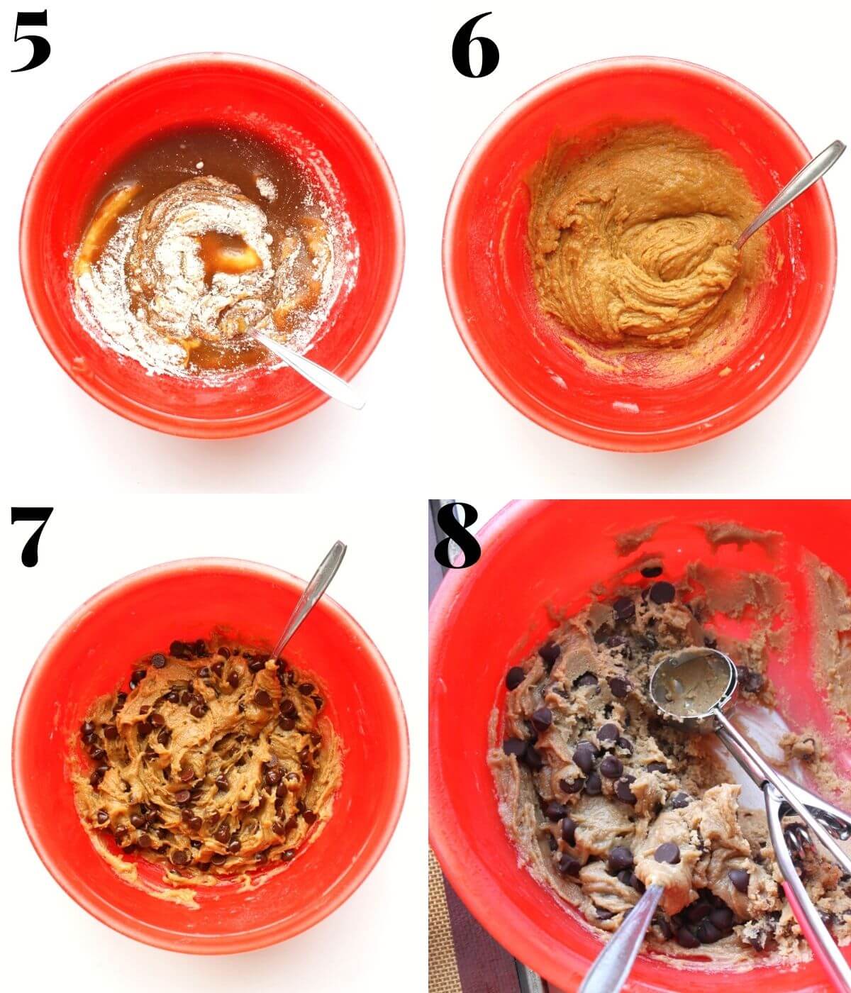 steps for mixing wet and dry ingredients together for chocolate chip cookies