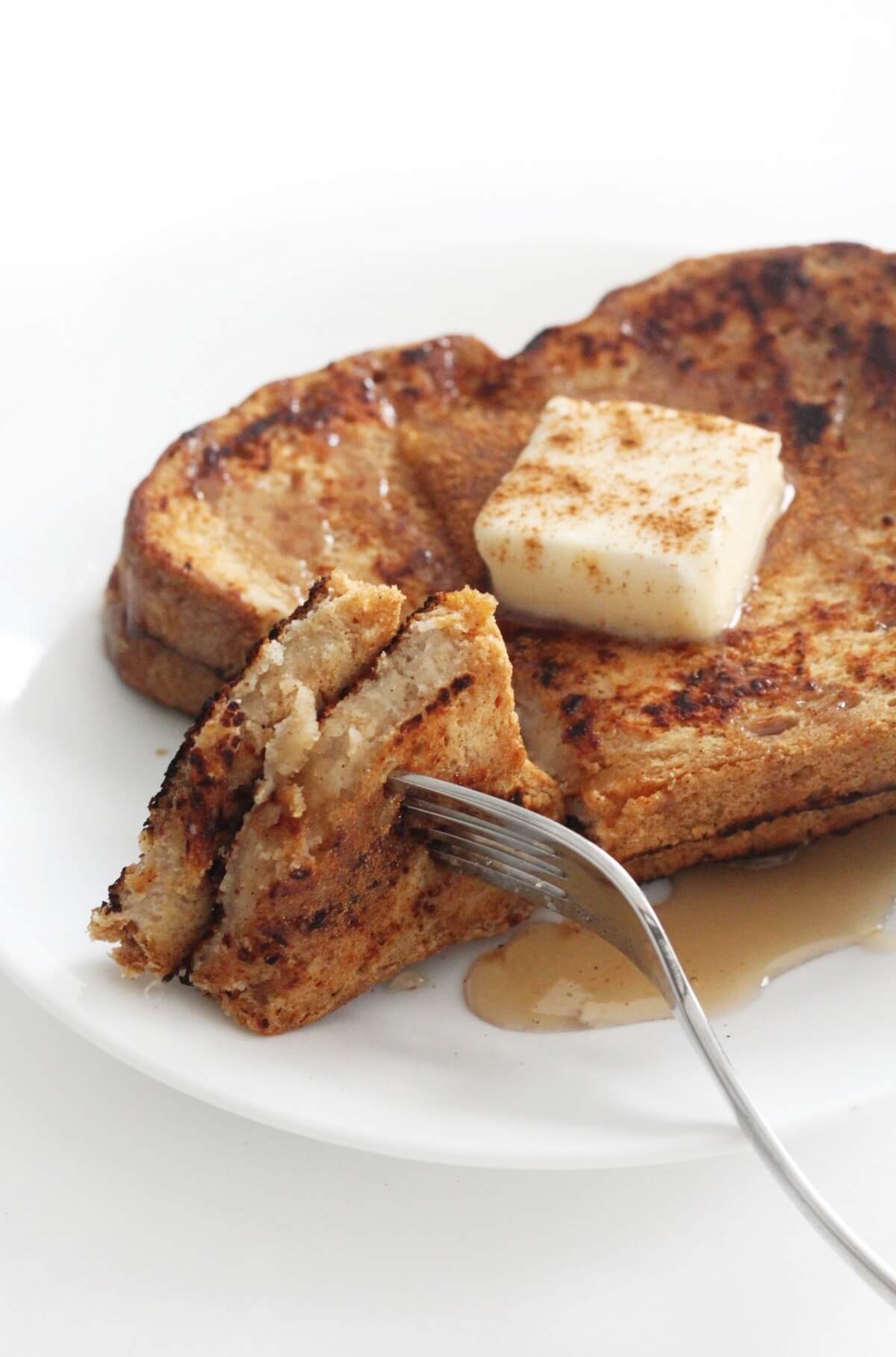 fork bite of the best vegan french toast