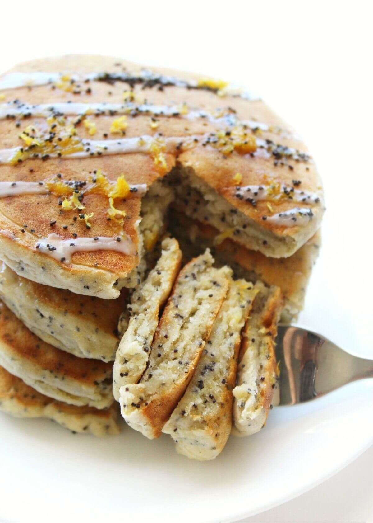 forkful showing texture of lemon poppy seed pancakes