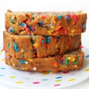 staggered stack of 3 slices of funfetti banana bread