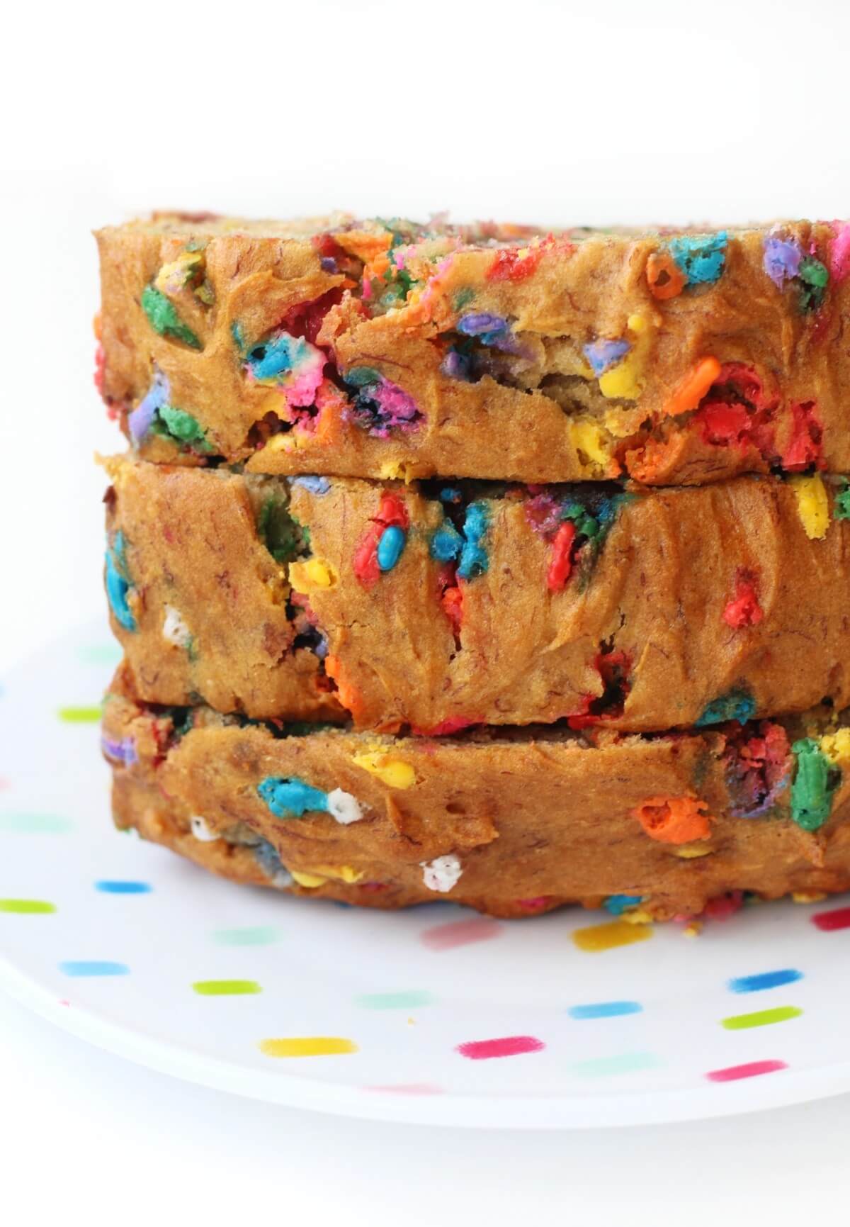close up of stack of 3 slices of gluten-free funfetti banana bread