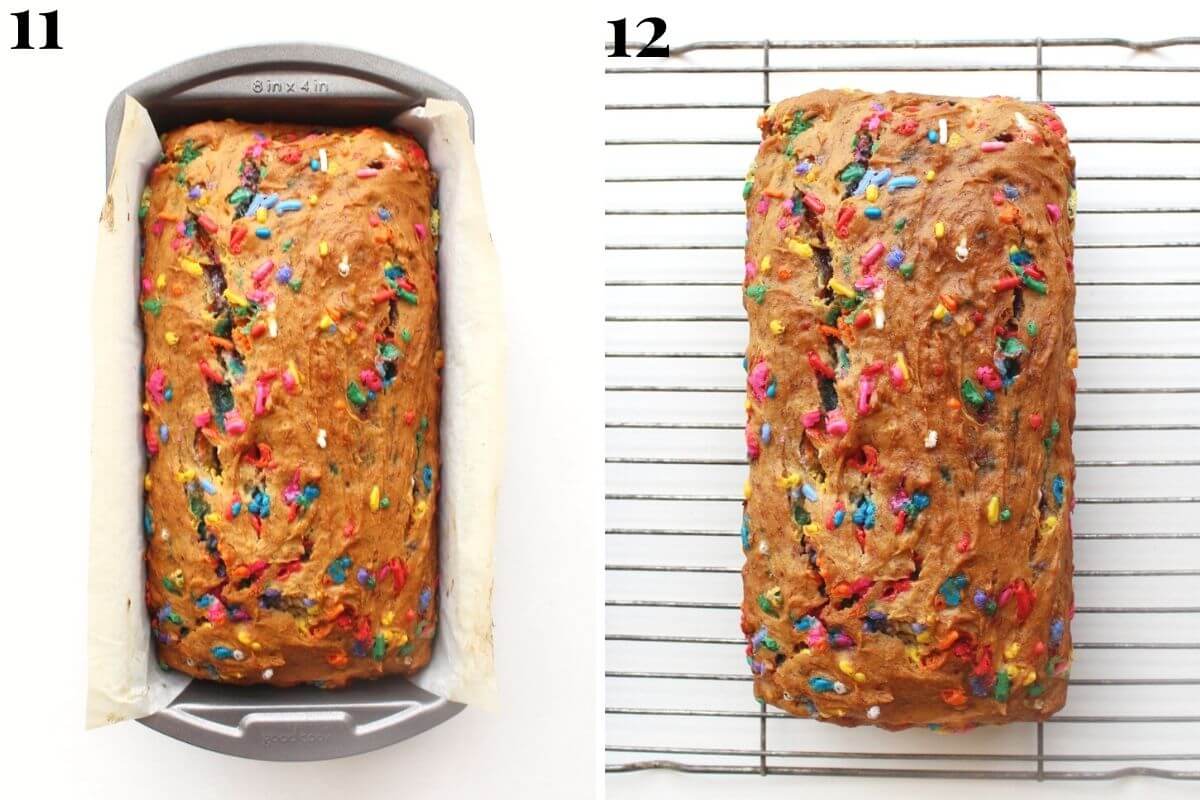 process steps 11 and 12 for making funfetti banana bread