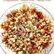 vegan blt pasta salad with image text