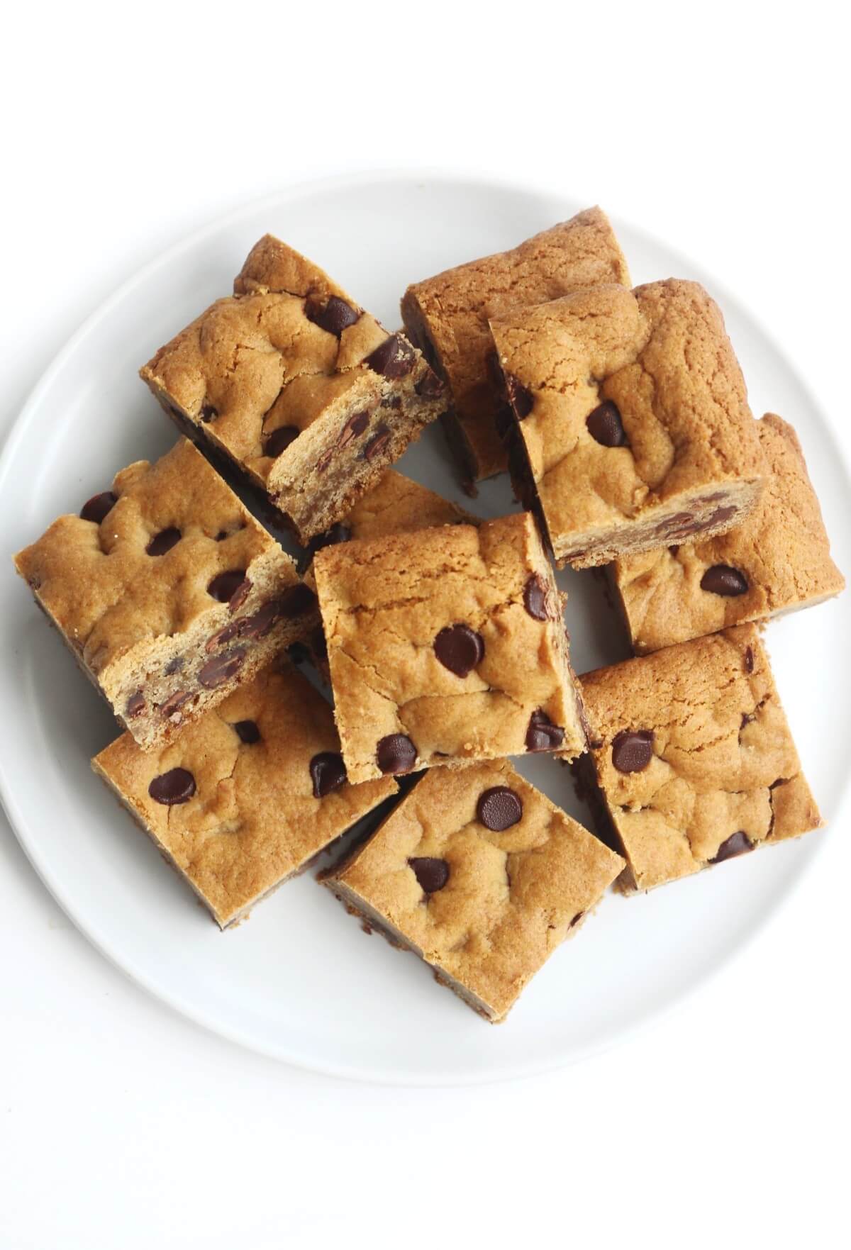 gluten-free chocolate chip cookie bars on white plate