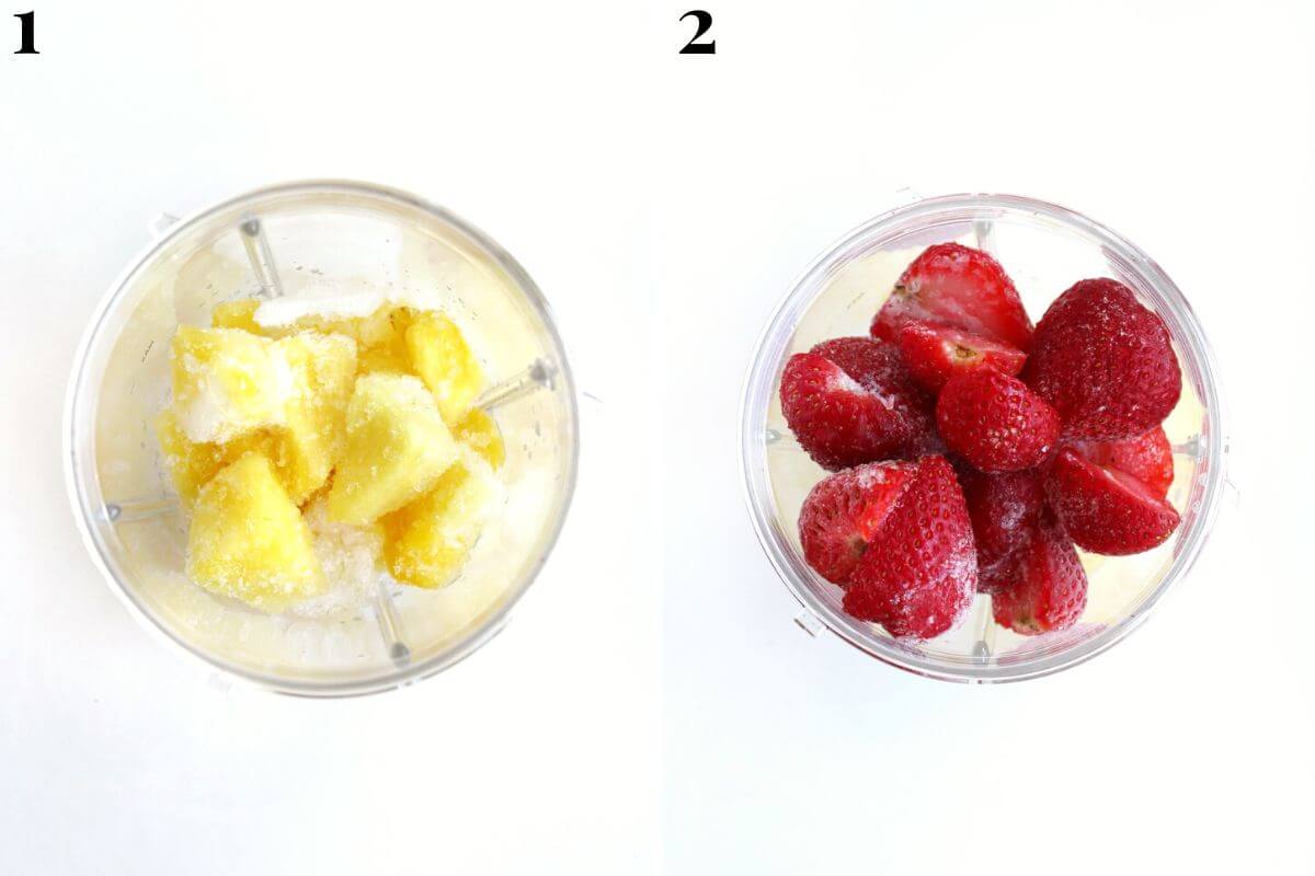 adding frozen pineapple and strawberries to blender