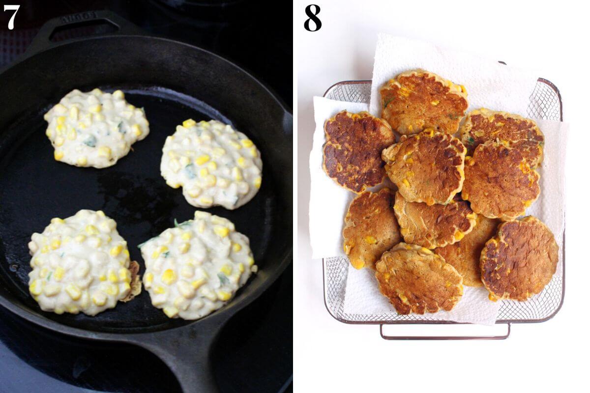 steps 7 and 8 making corn fritters in cast iron skillet