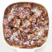 gluten-free french toast casserole in white baking dish