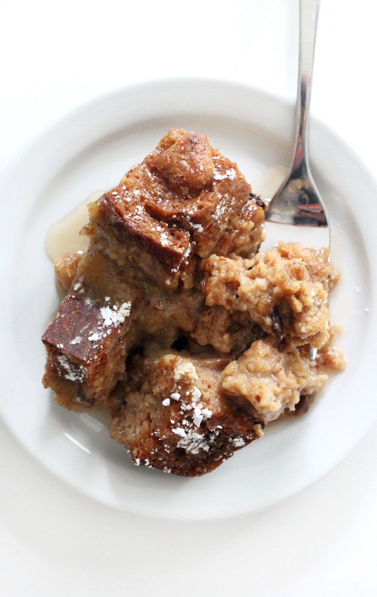 overhead view of plated serving of vegan french toast casserole