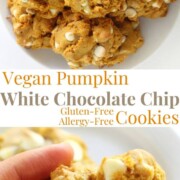 collage image of vegan pumpkin white chocolate chip cookies
