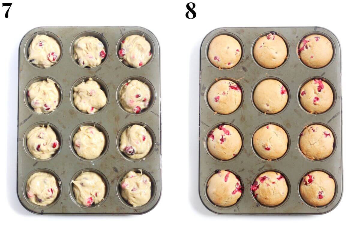 steps 7 and 8 spooning muffin batter into baking pan and baking