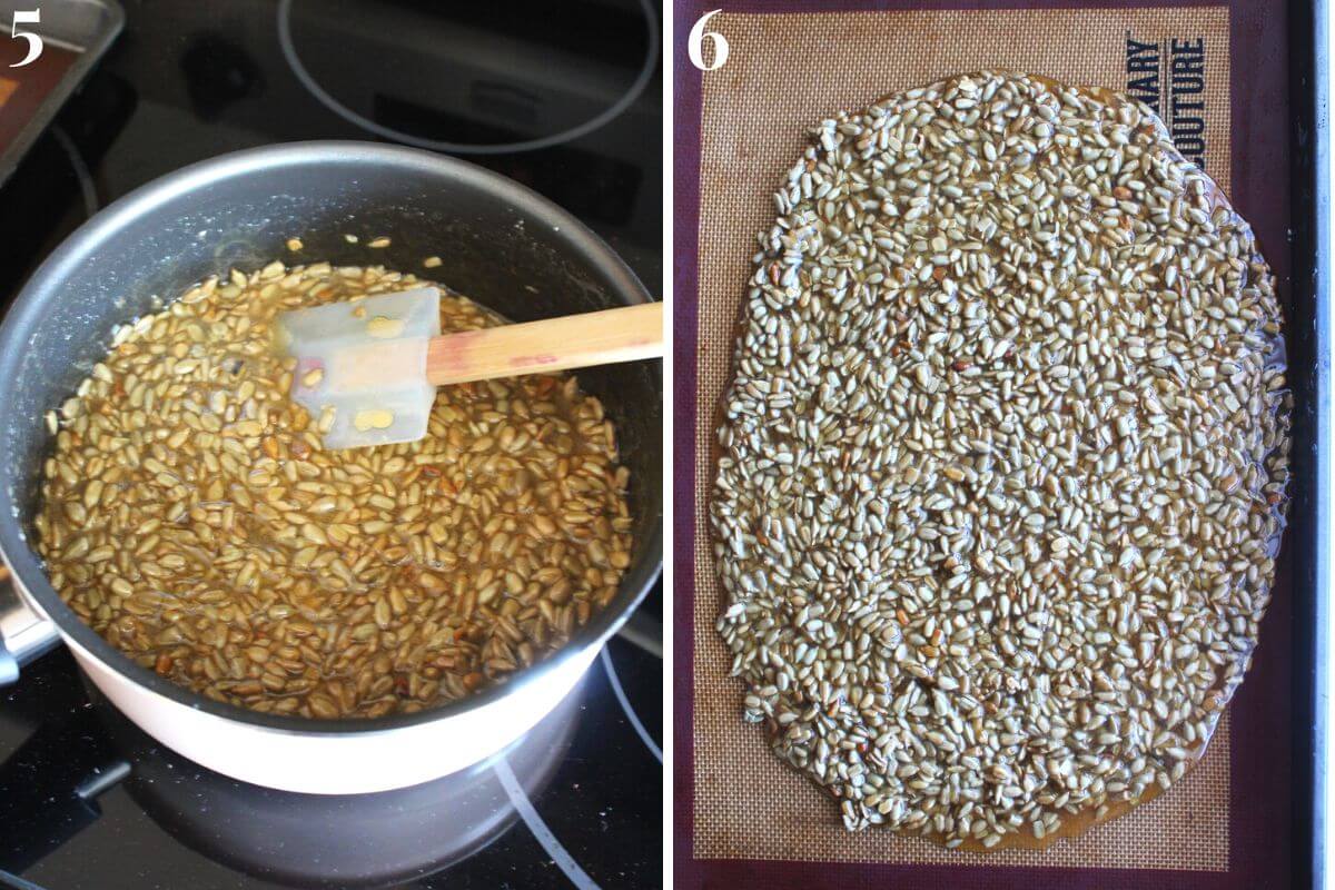 steps 5 and 6 of making sunflower seed brittle and pouring it out to dry and harden