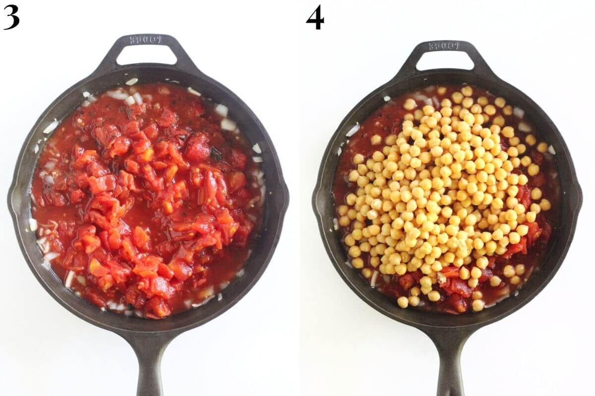 steps 3 and 4 adding diced tomatoes and chickpeas to chana masala