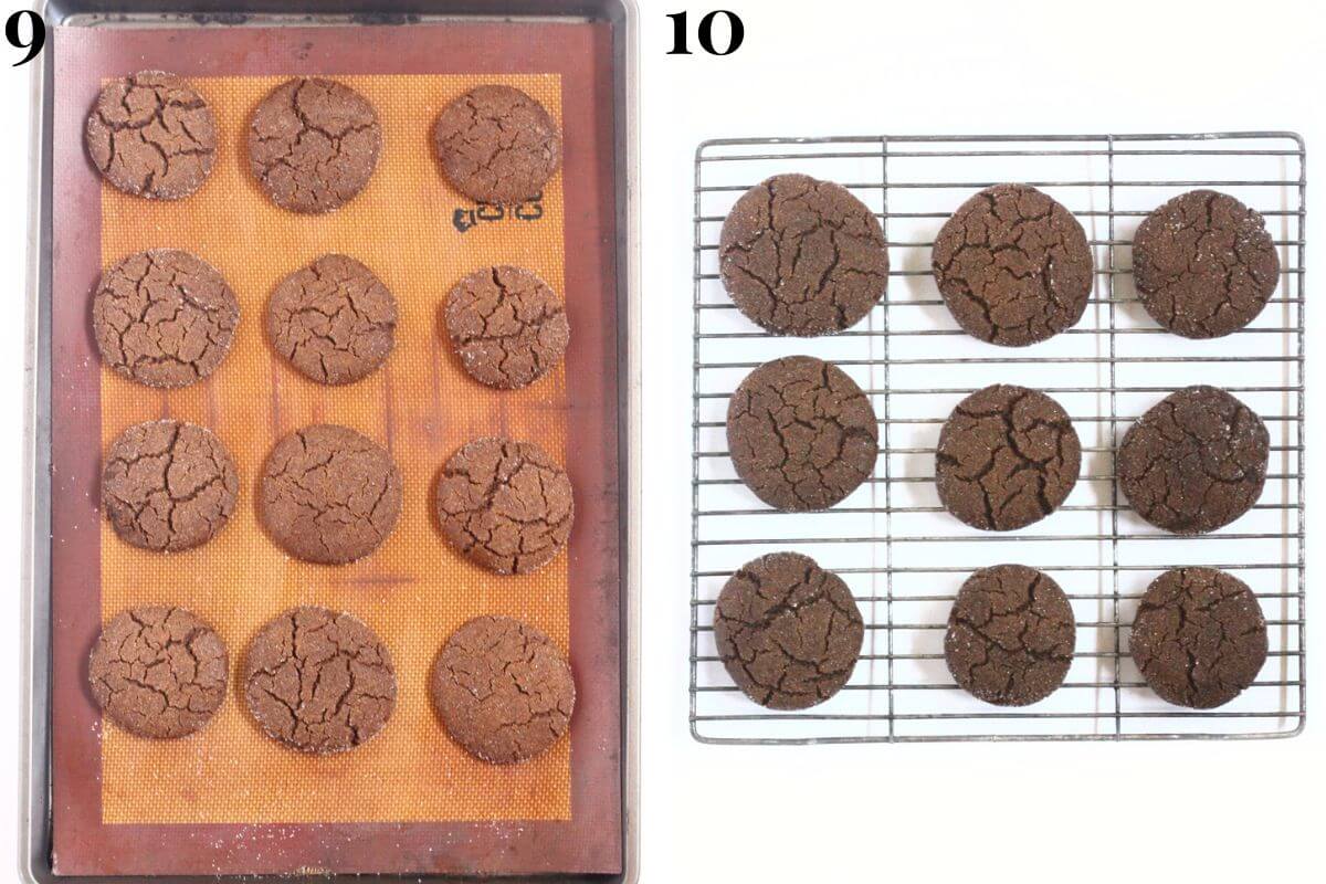 steps 9 and 10 baking gluten-free molasses cookies in oven and cooling on wire rack