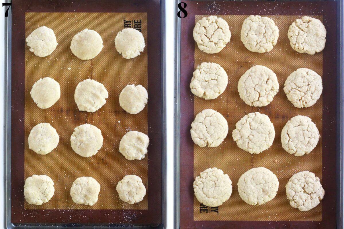 steps 7 and 8 baking gluten-free snickerdoodles on lined baking pans