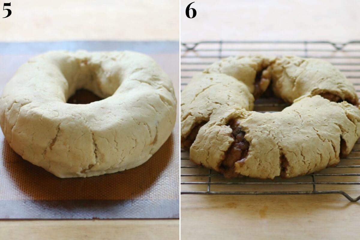 steps 5 and 6 of rolling king cake into a ring