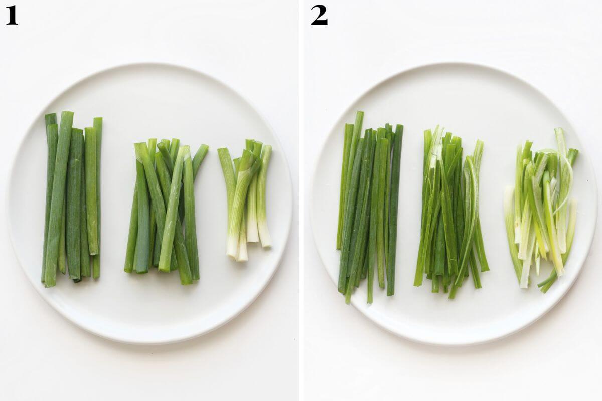 steps 1 and 2 slicing the scallions for scallion oil
