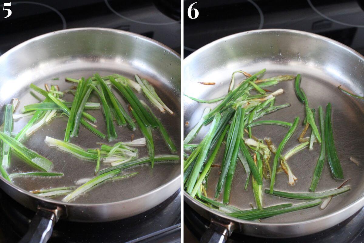 steps 5 and 6 adding portions of julienned scallions to oil
