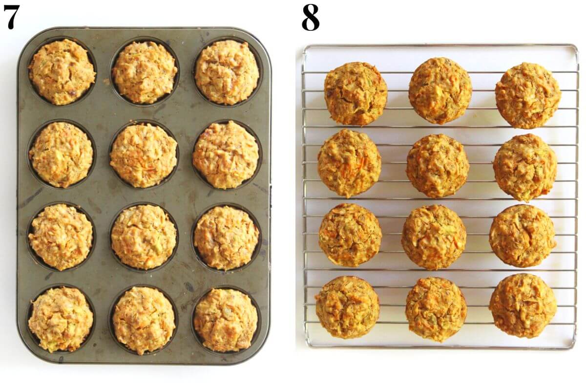 steps 7 and 8 baking morning glory muffins and letting them cool on wire rack