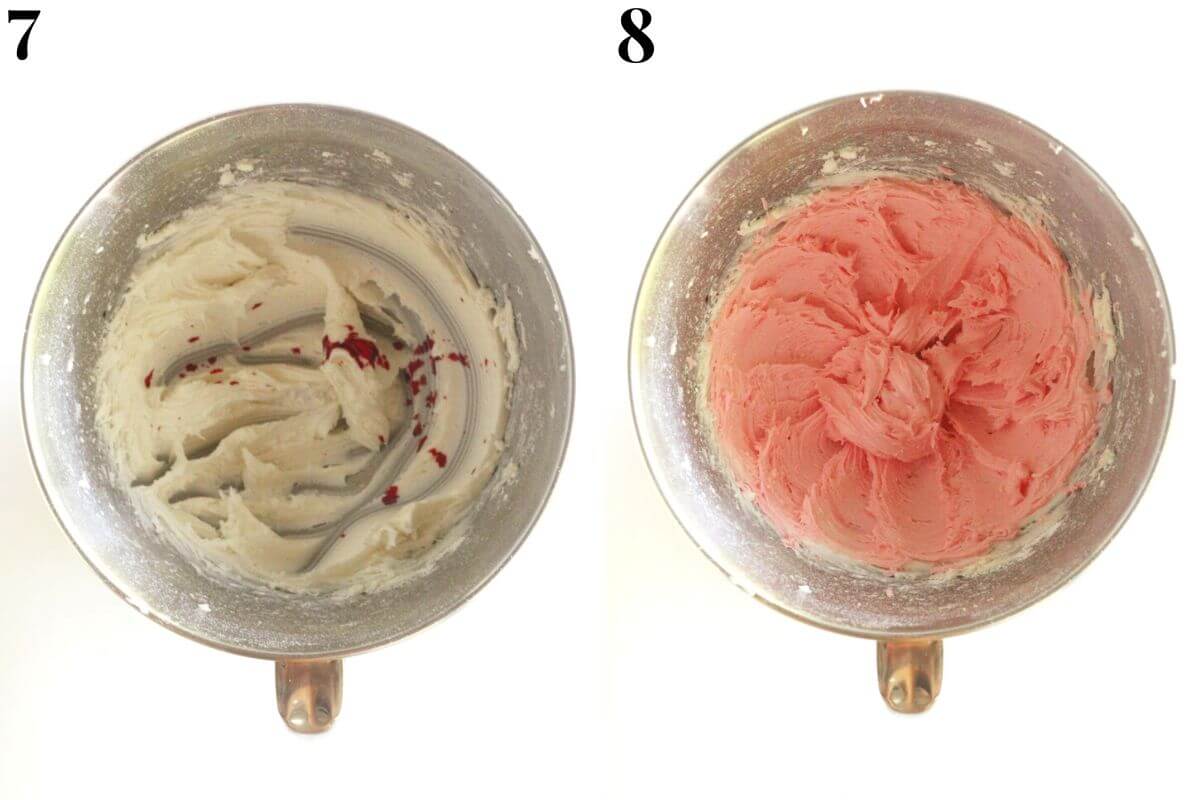 steps 7 and 8 adding food color to cream cheese mint dough