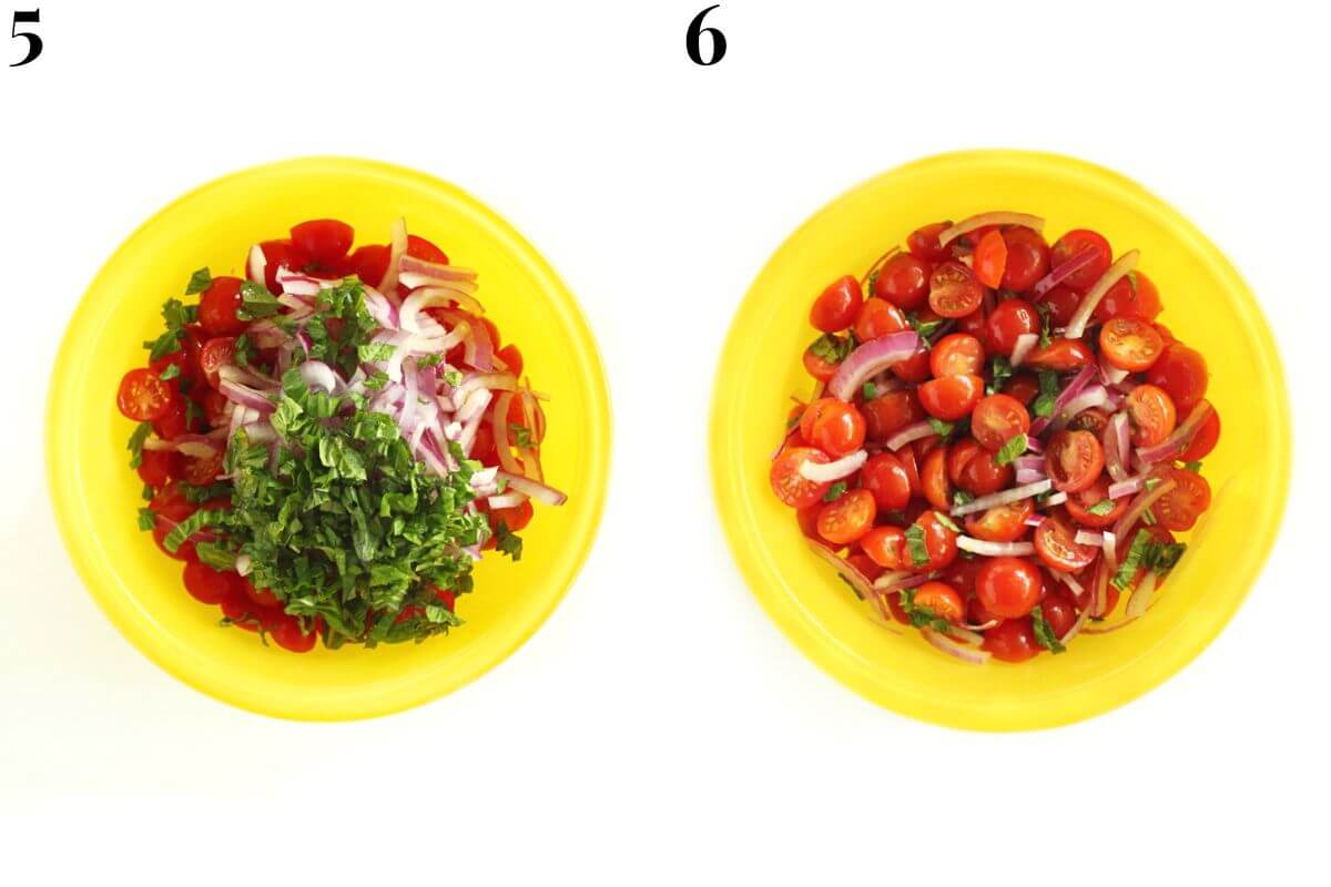 steps 5 and 6 mixing together cherry tomato salad with Italian dressing