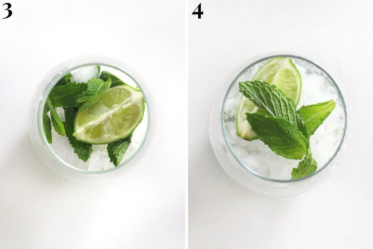 steps 3 and 4 adding ice and soda water to virgin mojitos