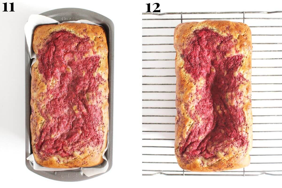 steps 11 and 12 baking the strawberry banana bread and cooling it on a wire rack