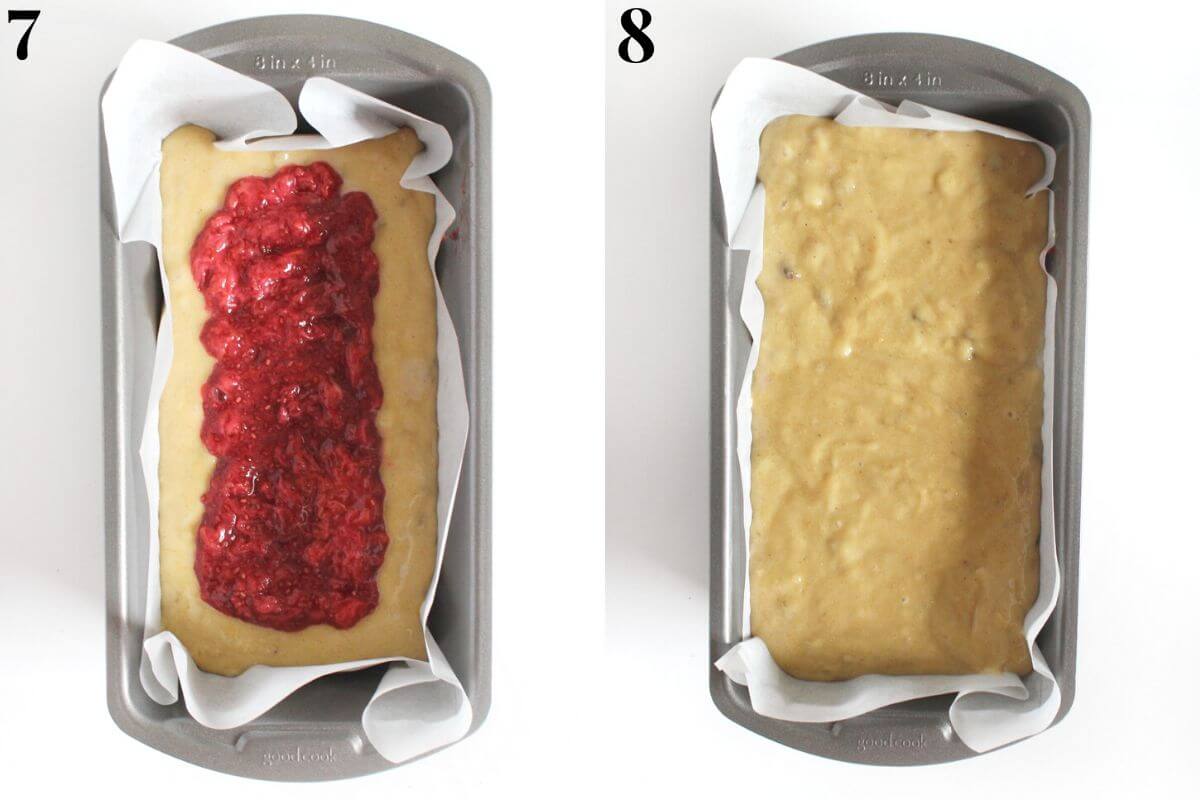 steps 7 and 8 adding strawberry layer and second layer of bread batter to loaf pan