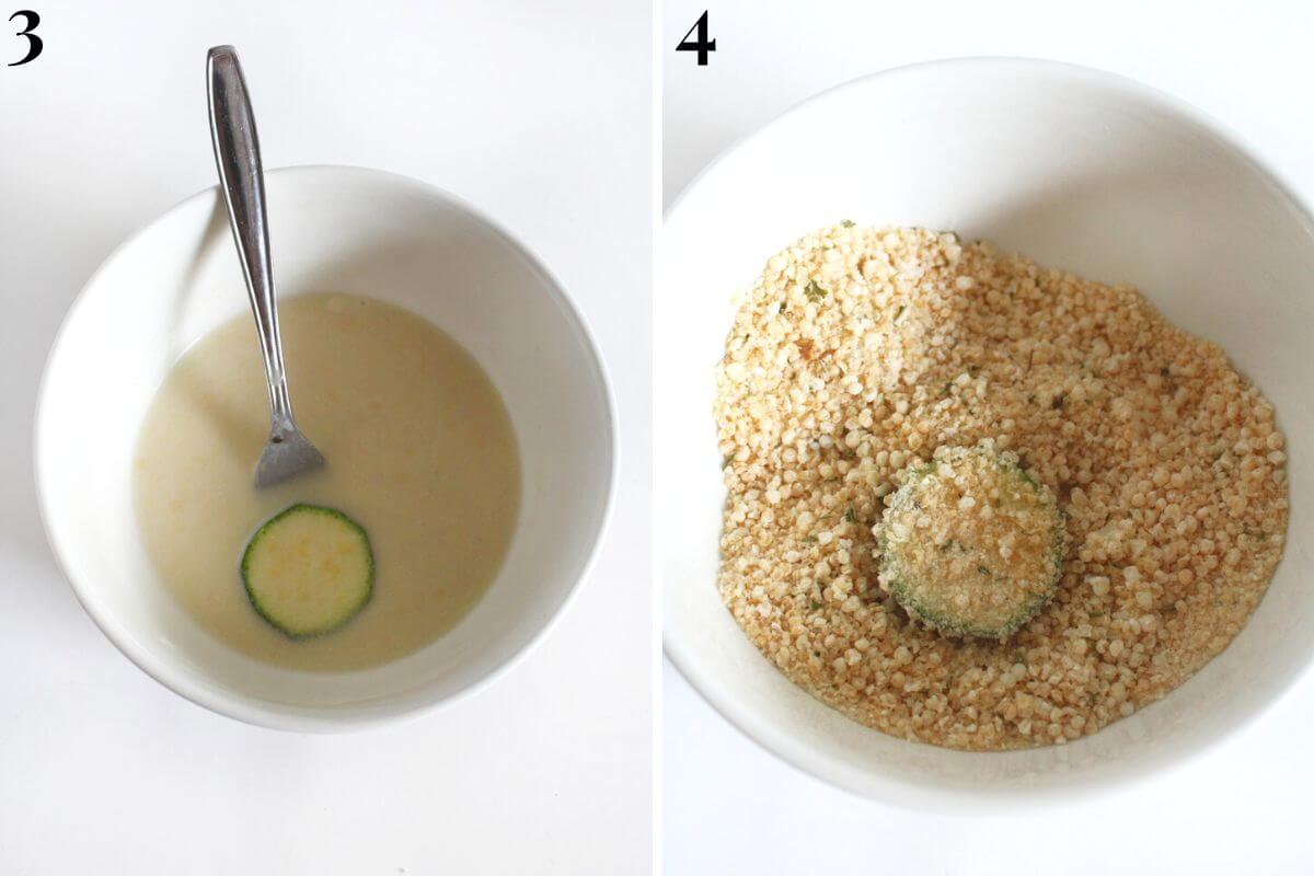 steps 3 and 4 dipping zucchini round into vegan egg wash and breadcrumb mixtures