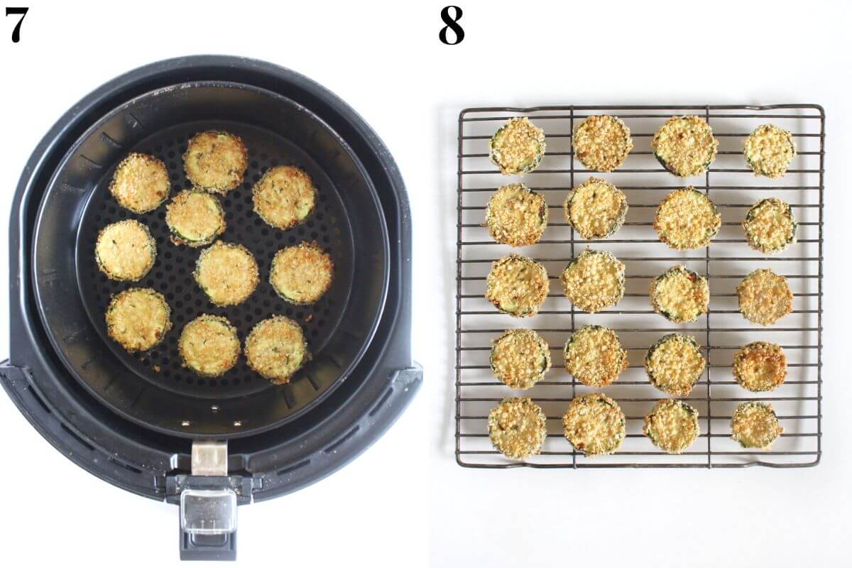 steps 7 and 8 finishing air fryer zucchini chips and placing on wire rack