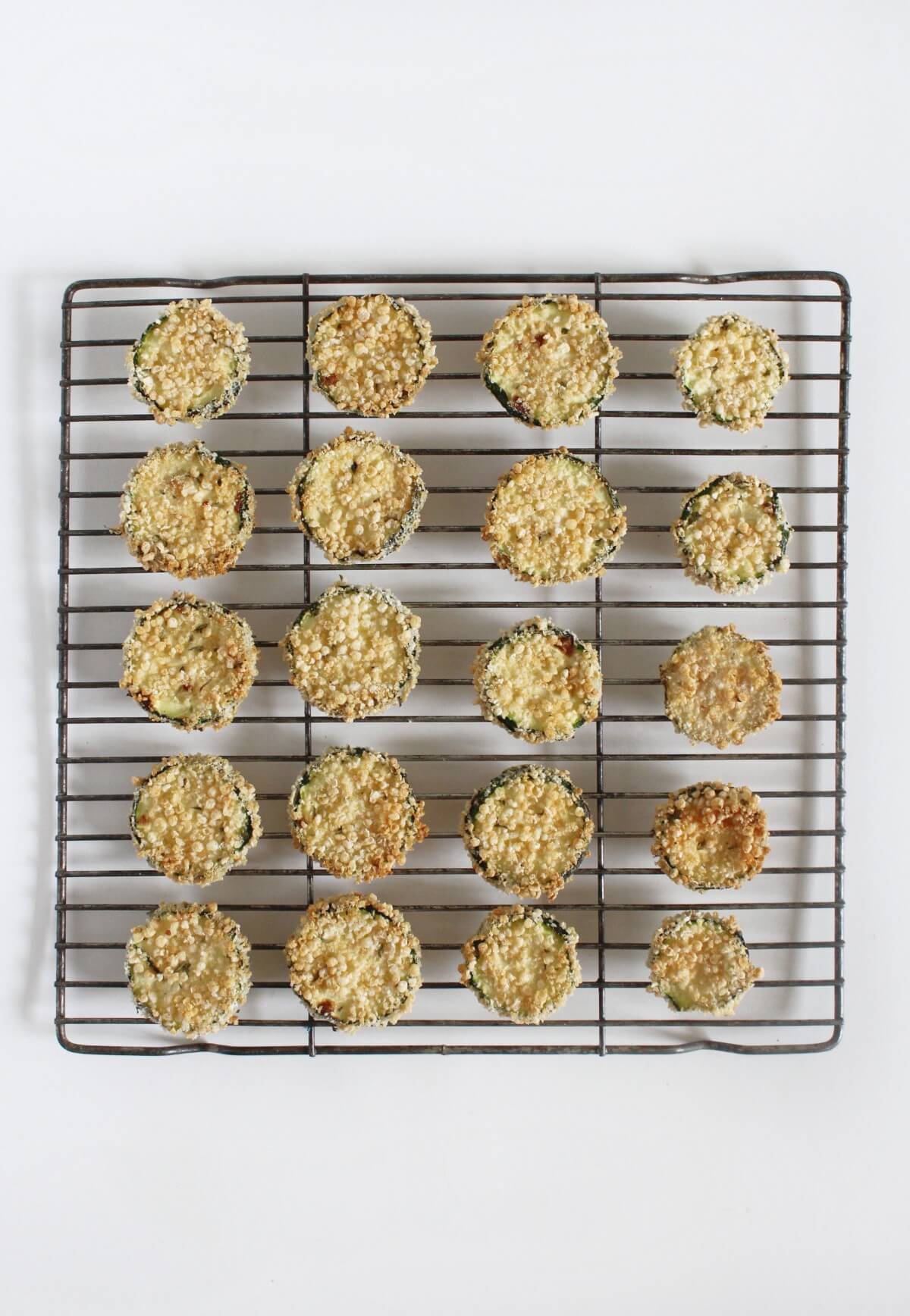 air fried zucchini chips on a wire rack