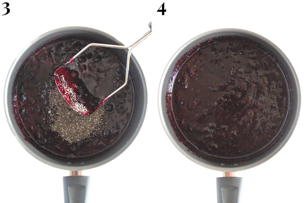steps 3 and 4 adding chia seeds to blueberry jam and stirring together in pot