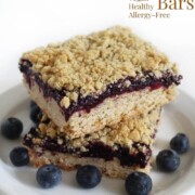 gluten-free blueberry crumb bars with image text