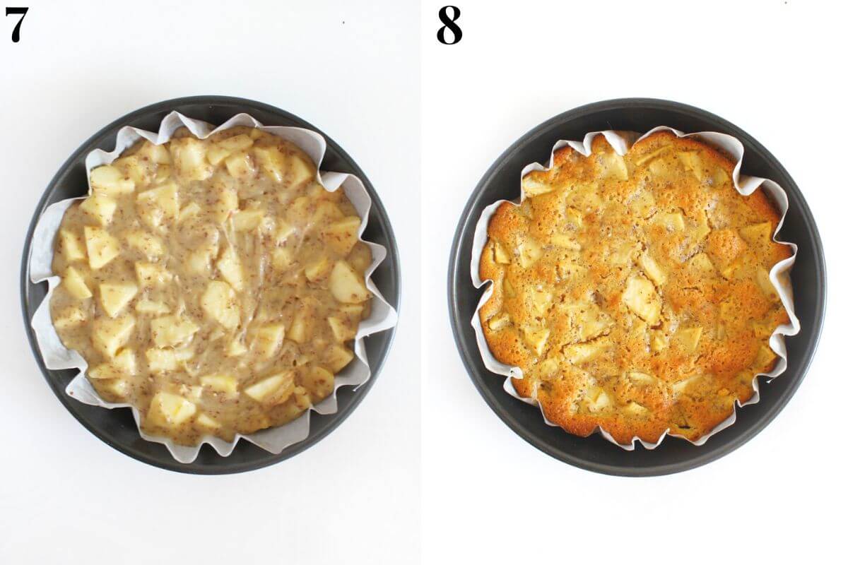 steps 7 and 8 pouring french apple cake batter into prepared baking pan and baking