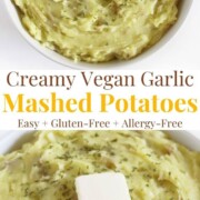 collage image of creamy garlic mashed potatoes.