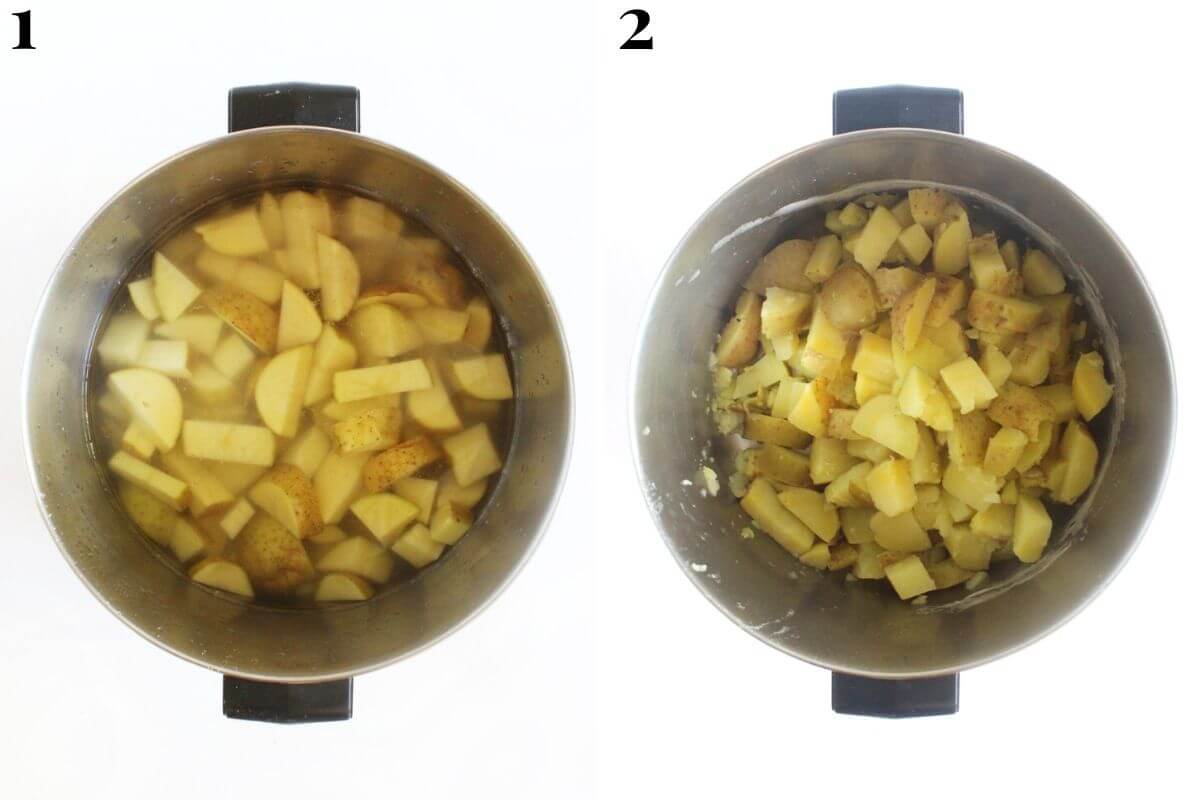 steps 1 and 2 boiling potatoes for vegan garlic mashed potatoes.