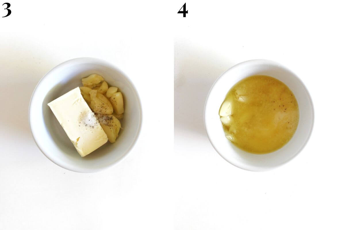 steps 3 and 4 boiling smashed garlic cloves in vegan butter.