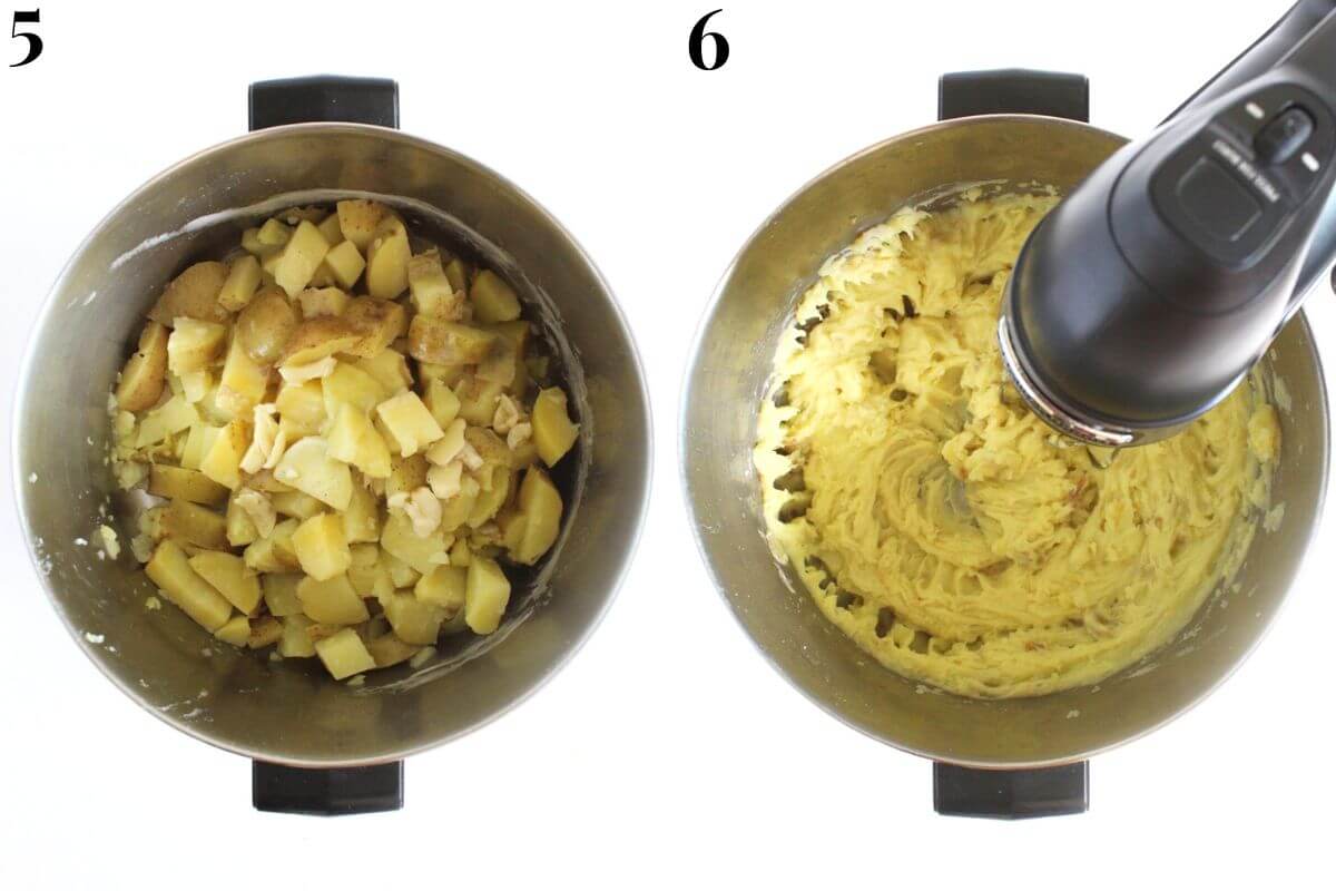 steps 5 and 6 adding butter mixture to boiled potatoes and blending them creamy.